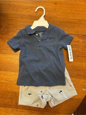 Carter's Navy Blue Polo and Striped Whale Shorts Matching Set